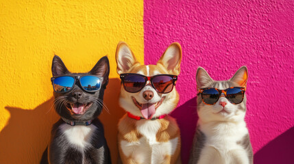 Colorful, vibrant portrait of funny twp dogs and one cat in bright sunglasses smiling, sticking out their tongue, standing against a bright wall. providing a candid snapshot of joy. pet concept