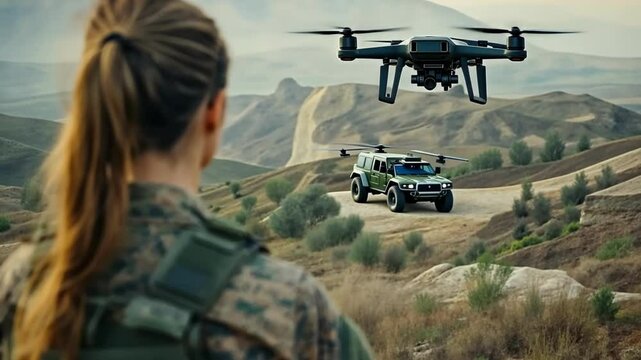 Military personnel overseeing drone operations in remote terrain during training exercises