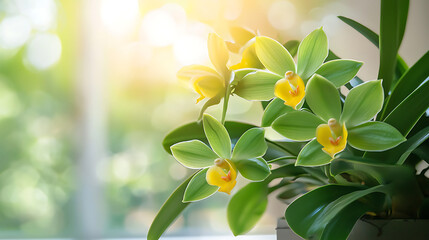 Fototapeta premium vibrant close up of green jade orchids with yellow blooms, showcasing their beauty in soft sunlight