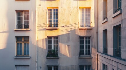Obraz premium Modern Parisian architecture, minimalist design, complete wall with windows and doors, warm sunlight, serene atmosphere, no people present.