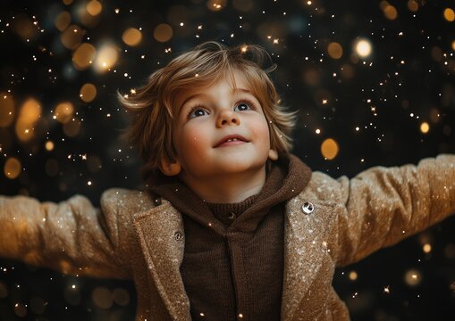 A young boy is standing in the snow with his arms outstretched