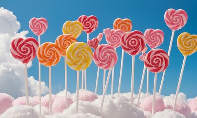 Whimsical Landscape Filled with Colorful Lollipops and Candy on Fluffy Cotton Candy Clouds Beneath a Bright Blue Sky.