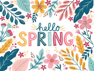 Hello Spring typography framed with decorative botanical