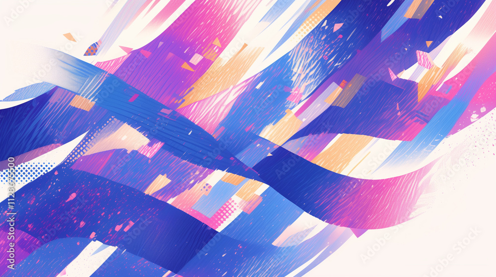 Sticker layered waves of blue and pink hues intertwine with halftone patterns in a flowing abstract design