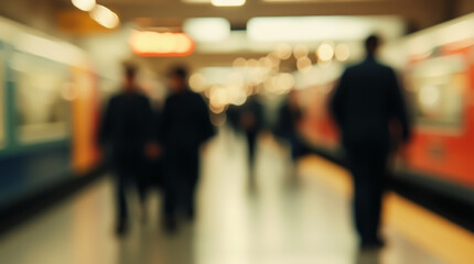 Silhouettes of passengers at the station, trains, and hustle on the platform, blurred image
