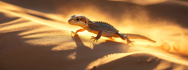 A lizard running on the sand dunes of Al Ula desert, captured in golden sunlight