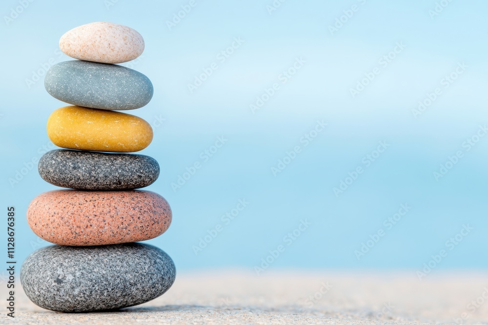 Poster stack of balancing colorful pebbles representing energy and spiritual health