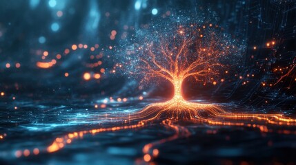 Illuminated Tree of Life with Glowing Roots and Digital Background