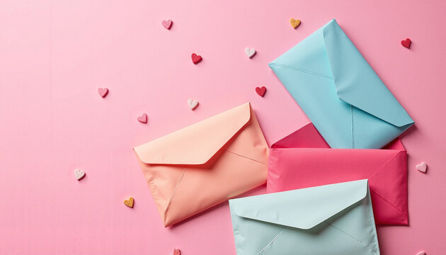 Colorful envelopes on pink background with heart-shaped confetti for Valentine’s Day love notes