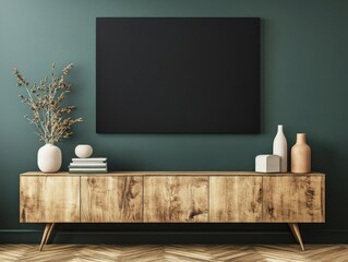 Modern wooden media console with black canvas artwork against a teal wall.