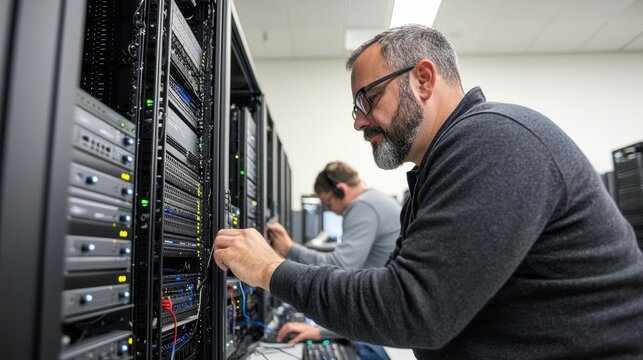 IT Technician Working on Server Rack
