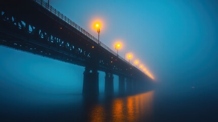 Fototapeta premium Foggy Bridge at Night with Illuminated Lamps over Calm Water
