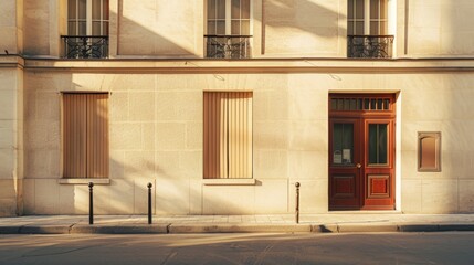 Fototapeta premium Modern Parisian street, minimalist building facade, complete wall with windows and doors, warm sunlight, peaceful atmosphere, no people.