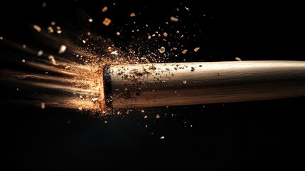 Powerful impact captured in this dramatic image of a bat smashing through an object, sending wood fragments flying. The intense energy of the moment is palpable.