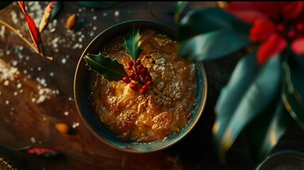 A bowl of warm, spiced Christmas pudding topped with a sprig of holly and a few candied fruits, shot from above, showcasing the intricate textures and details of the dessert