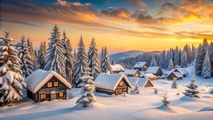 Fototapeta premium A serene winter wonderland, where snow-covered cabins nestled amidst a forest of frosted evergreens bask in the golden glow of a majestic sunrise.
