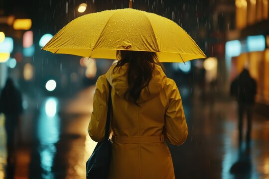 Woman wearing a yellow raincoat holding a matching yellow umbrella during a rainy night in the city, with glowing street lights