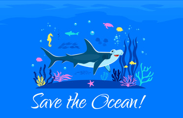 World oceans day banner with hammerhead shark in underwater, vector background. World Oceans Day banner for sea ecology environment conservation, underwater animals and coral reef fishes protection