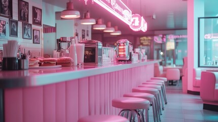 Retro Pink Diner Interior Design: Neon Lights and 50s Nostalgia