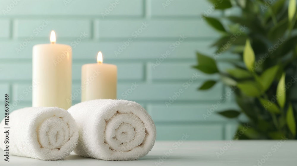 Poster Rolled towels and lit candles creating a tranquil spa setting