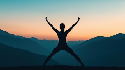 Woman stretching at sunrise, embracing nature's energy in a majestic mountain landscape