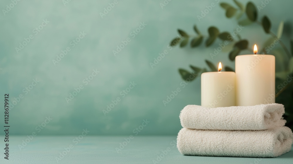 Poster Spa composition featuring burning candles, eucalyptus and soft towels creating a relaxing atmosphere