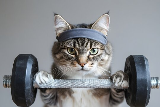 Grey tabby cat holding a dumb bell and wearing exercise headband with neutral background