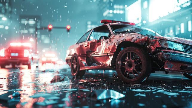 Damaged car on the road after an accident with police car on background. Road safety awareness, speed limit, careful driving concept. Insurance coverage
