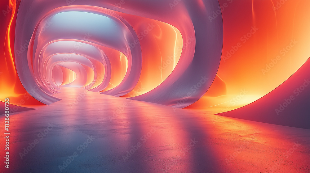 Sticker dynamic abstract art with glowing orange tunnels and curves on a futuristic pathway