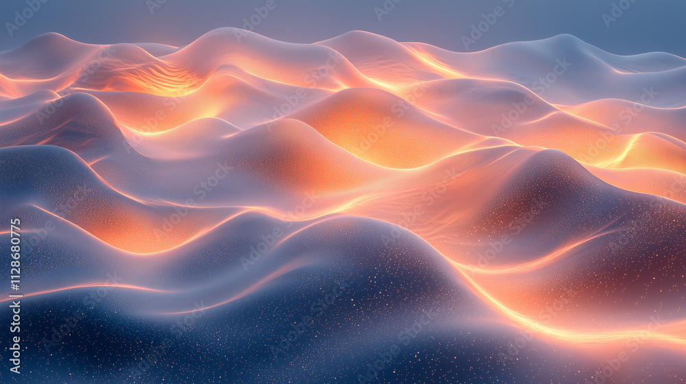 Sticker mesmerizing waves of light and shadow in soft blue and orange gradients creating a serene landscape
