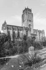 Liverpool Cathedral in gothic revival style in Liverpool, Lancashire , England, UK; the Cathedral Church of Christ in Liverpool in black and white