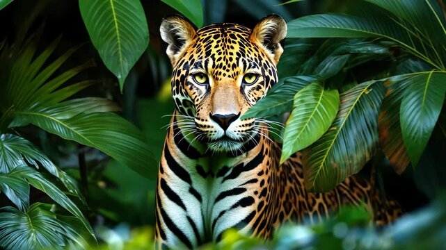 A jaguar stealthily peers through dense green tropical foliage, illuminated by dappled sunlight in the heart of a rainforest habitat, showcasing its vibrant spotted coat and alert expression