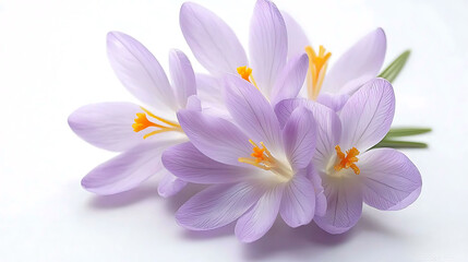 dreamy macro photograph of autumn crocus flowers showcasing delicate lavender petals and vibrant orange stamens, evoking tranquility
