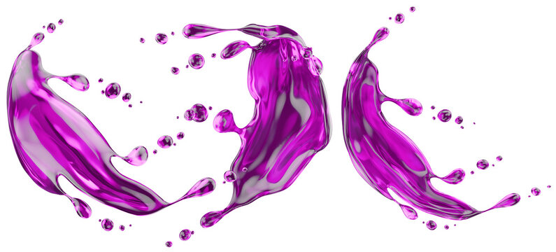 set of purple splash isolated on white background. 3d render
