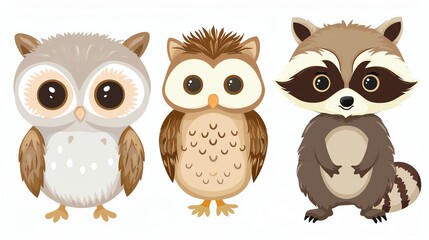 Fototapeta premium A cartoon owl and raccoon.
