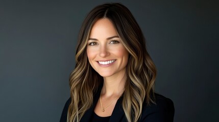 Obraz premium Smiling Caucasian Woman in Black Blazer, Dark Background