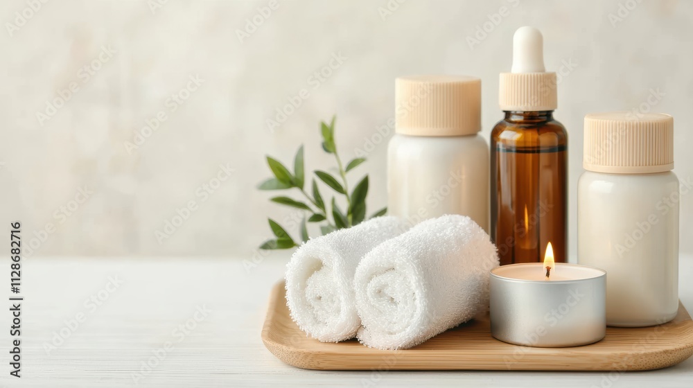 Poster creating a calming atmosphere with aromatherapy oils, candles, and natural elements for wellness rit
