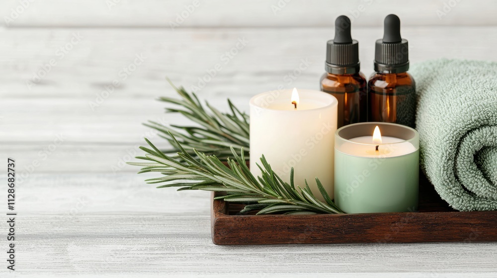 Poster aromatherapy creating calm atmosphere with burning candles and essential oils