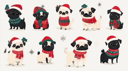 Adorable Christmas Pugs in Festive Attire - Holiday Card Design