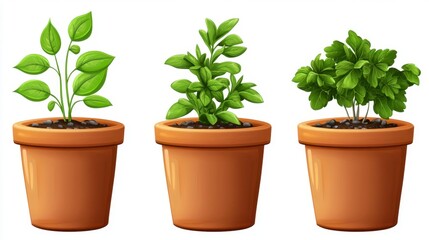 Three Cheerful Potted Herbs in Terracotta Pots