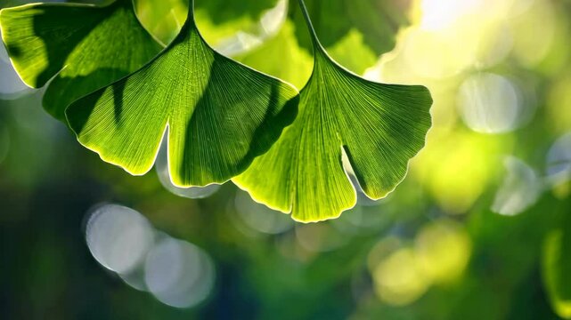 A vibrant close-up of Ginkgo biloba leaves with distinct fan-shaped patterns, bathed in sunlight against a blurred green natural background, symbolizing health and nature's beauty