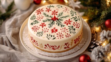 Fototapeta premium Festive Hand-Painted Christmas Cake on Table