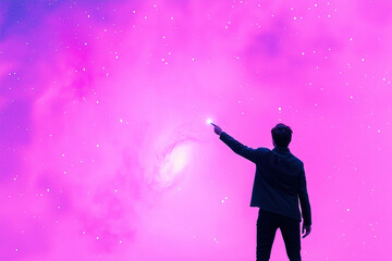 Scientist gesturing towards a vivid pink galaxy projection, emphasizing the vastness of space and the excitement of discovery, perfect for science or artistic campaigns