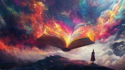 A Woman Gazing at a Celestial Book of Enormous Proportions, a Visionary Fantasy Artwork