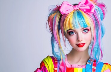 Fototapeta premium Beautiful young girl, with colorful hair accessories featuring pink and blue streaks, wearing red lipstick
