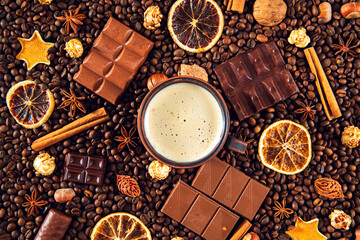 Cup of cappuccino on the background of coffee beans, chocolate pieces, cinnamon, dried orange and star anise.