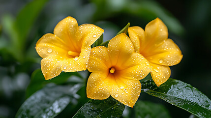 Fototapeta premium Cinematic close up of vibrant golden trumpet flowers with raindrops