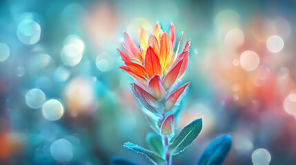 Fototapeta premium dreamy macro photograph of Indian paintbrush flower, showcasing vibrant orange and red petals against soft, blurred background