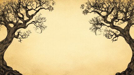 Vintage Artistic Illustration of Two Leafless Trees on Yellow Background
