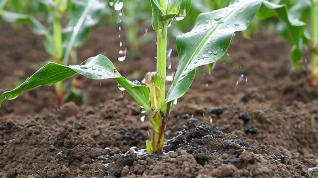 Super slow motion macro of splashing water drops falling on young corn maize vegetable plant sprout on ecological farmland agricultural plantation field.Agriculture, agribusiness, biologic cultivation